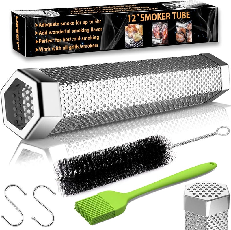 LANNEY Smoke Tube for Pellet Smoker, 12'' Smoker Tube for Pellet Grill - Hot or Cold Smoker Accessories for Electric Gas Charcoal Grilling, Premium Stainless Steel Portable Barbecue Smoking Tube, Bonus Brush - Image 1